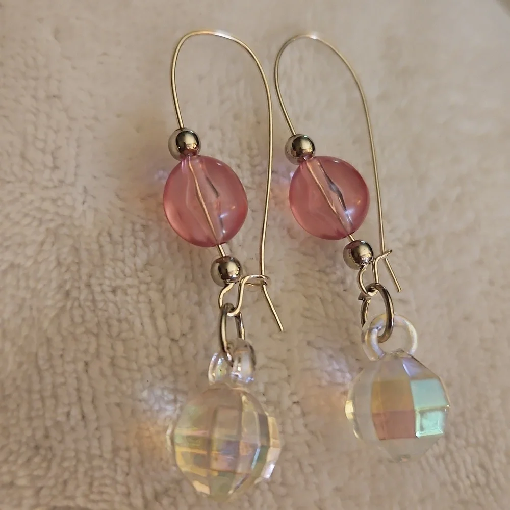3/$30 HANDCRAFTED Silver and Pink Beaded Disco Ball Hoop Earrings